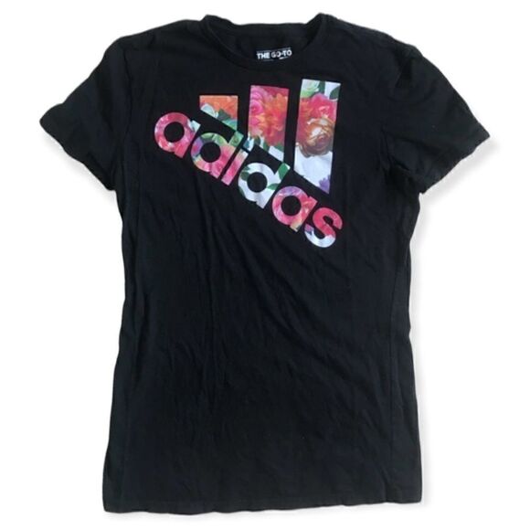 ADIDAS WOMENS TEE ROSE FLORAL GRAPHIC T-SHIRT BLACK MULTI SIZE M NWOT - Picture 1 of 4